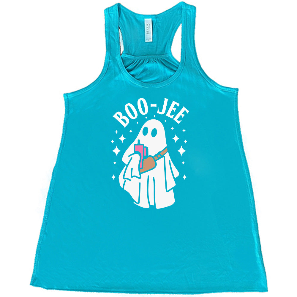 Teal colored flowy tank with ghost holding drink graphic on it that says "Boo-Jee"
