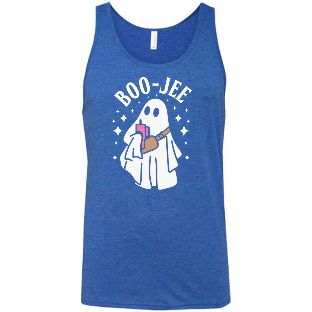 Blue colored tank with ghost holding drink graphic on it that says "Boo-Jee"