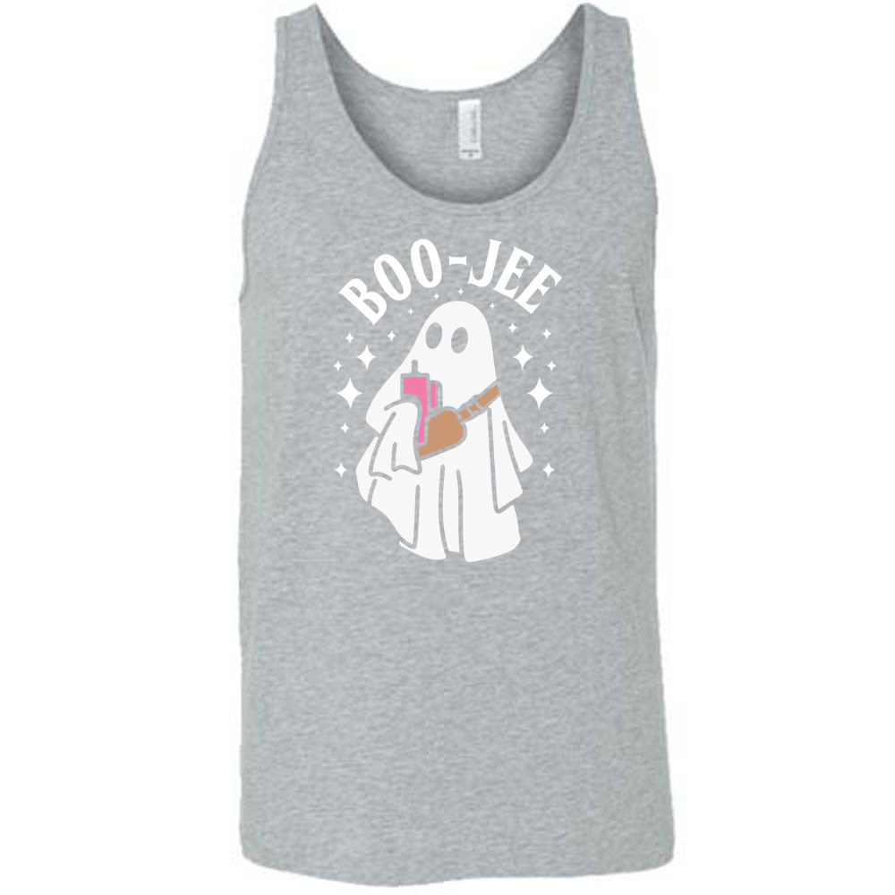 Grey colored tank with ghost holding drink graphic on it that says "Boo-Jee"