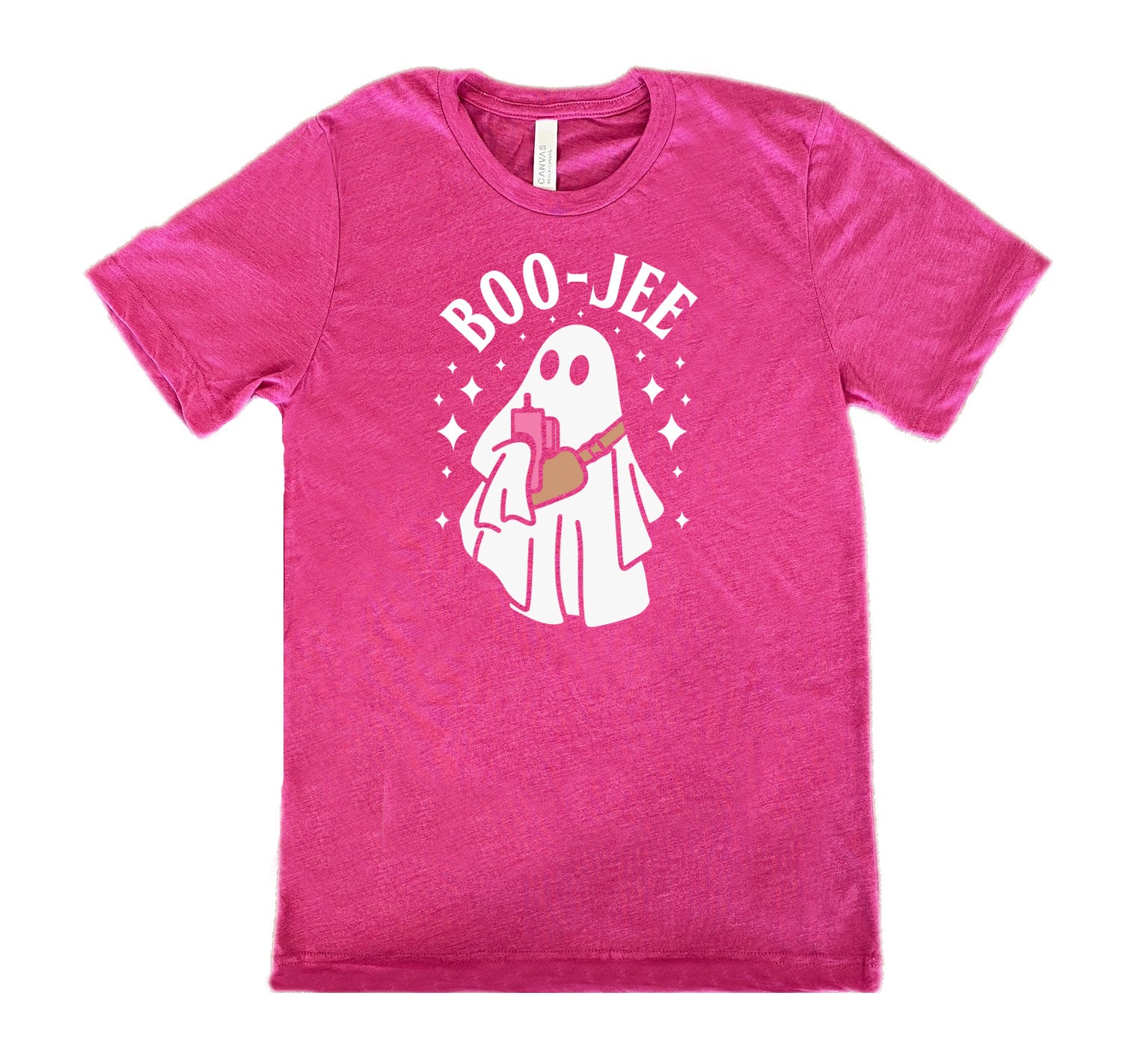 Berry colored shirt with ghost holding drink graphic on it that says "Boo-Jee"
