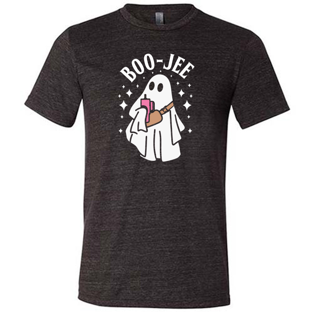 Black colored shirt with ghost holding drink graphic on it that says "Boo-Jee"