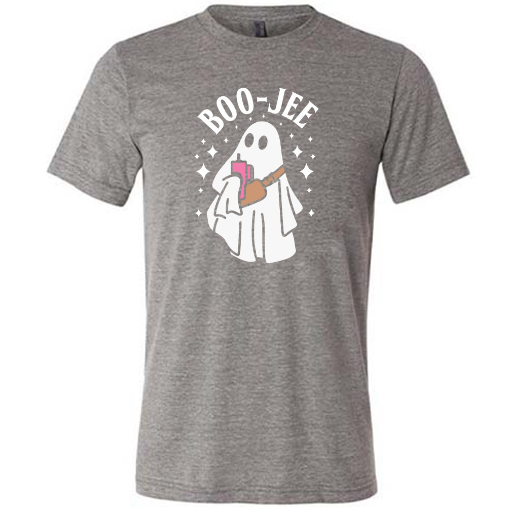 Grey colored shirt with ghost holding drink graphic on it that says "Boo-Jee"
