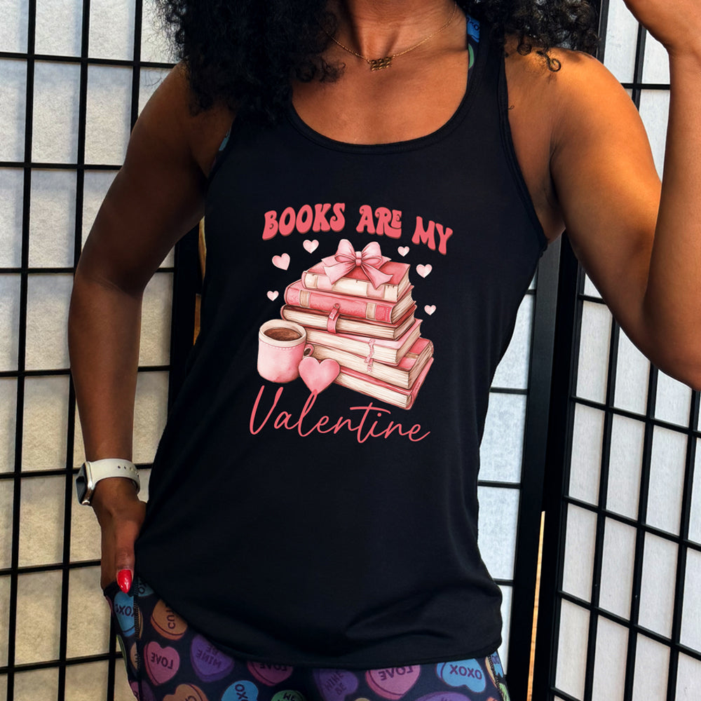 black shirt with the text "Books Are My Valentine" on it