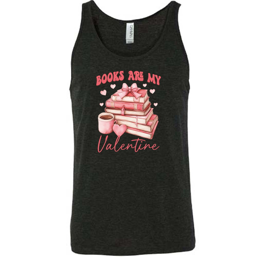 black shirt with the text "Books Are My Valentine" on it