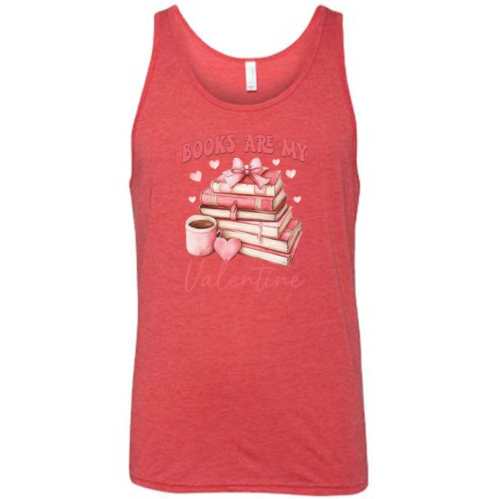 red shirt with the text "Books Are My Valentine" on it