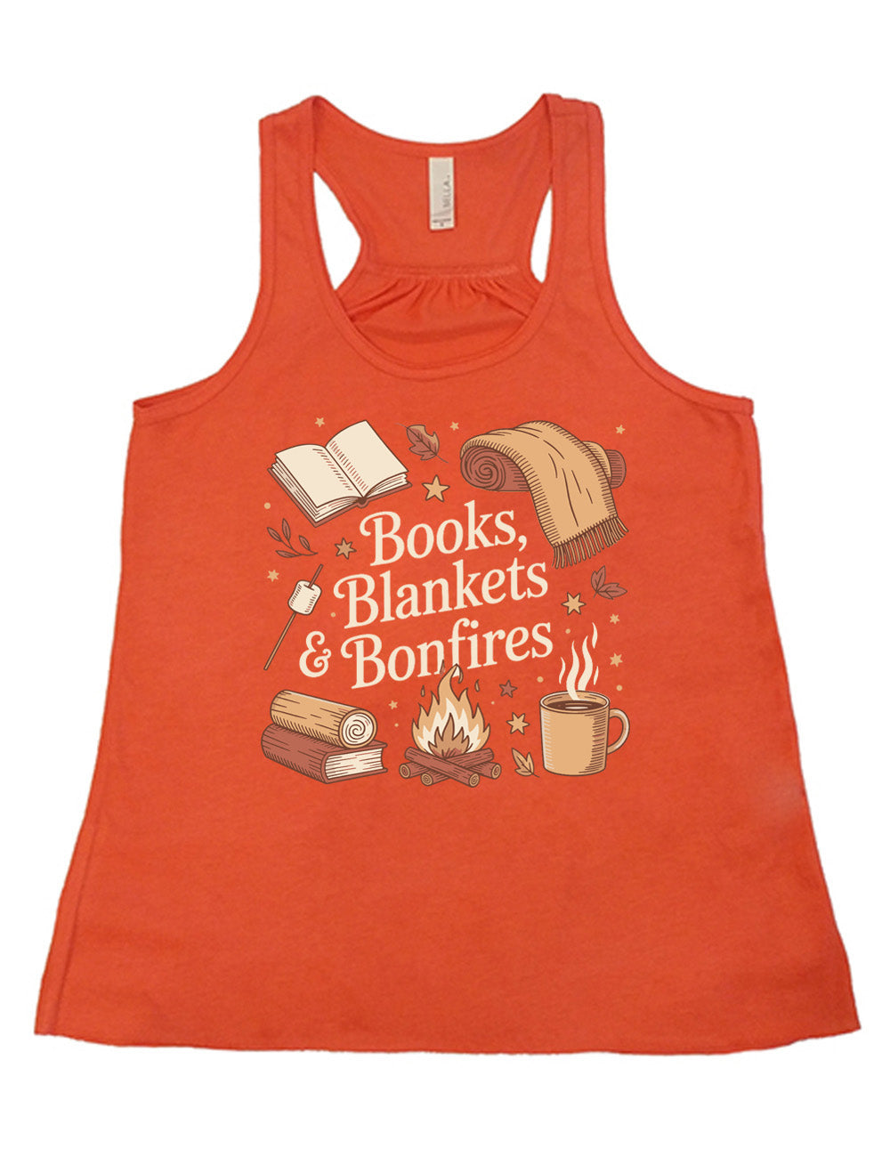 coral flowy racerback tank with the words "books, blankets & bonfires" on it, surrounded by graphics including an open book, a scarf partially rolled up, a steaming beverage in a mug, a campfire, a book with a log on top of it, and a marshmallow on a stick, as well as a lot of little stars and leaves
