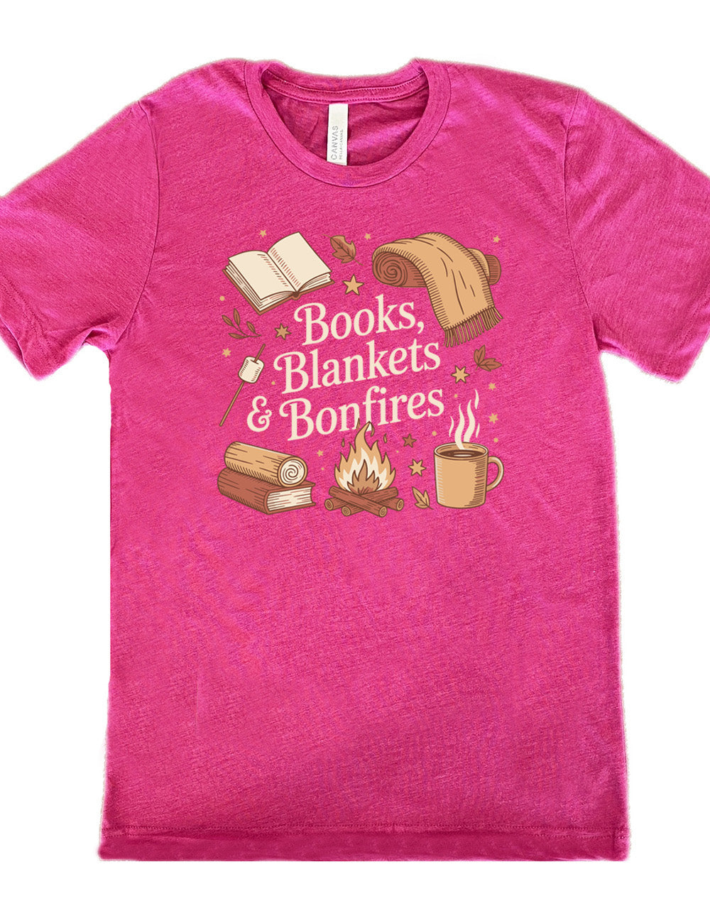 berry unisex tee with the words "books, blankets & bonfires" on it, surrounded by graphics including an open book, a scarf partially rolled up, a steaming beverage in a mug, a campfire, a book with a log on top of it, and a marshmallow on a stick, as well as a lot of little stars and leaves