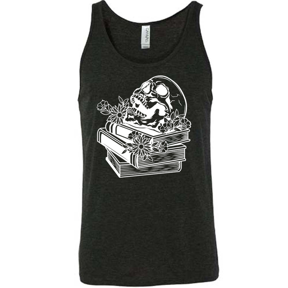 black unisex tank with the graphic of an open-mouthed skull atop a stack of books, with flowers