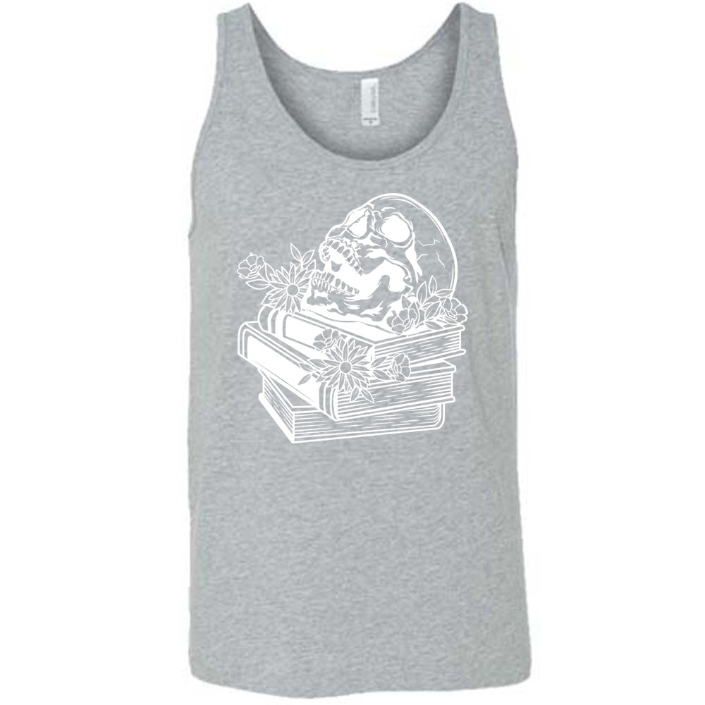 grey unisex tank with the graphic of an open-mouthed skull atop a stack of books, with flowers