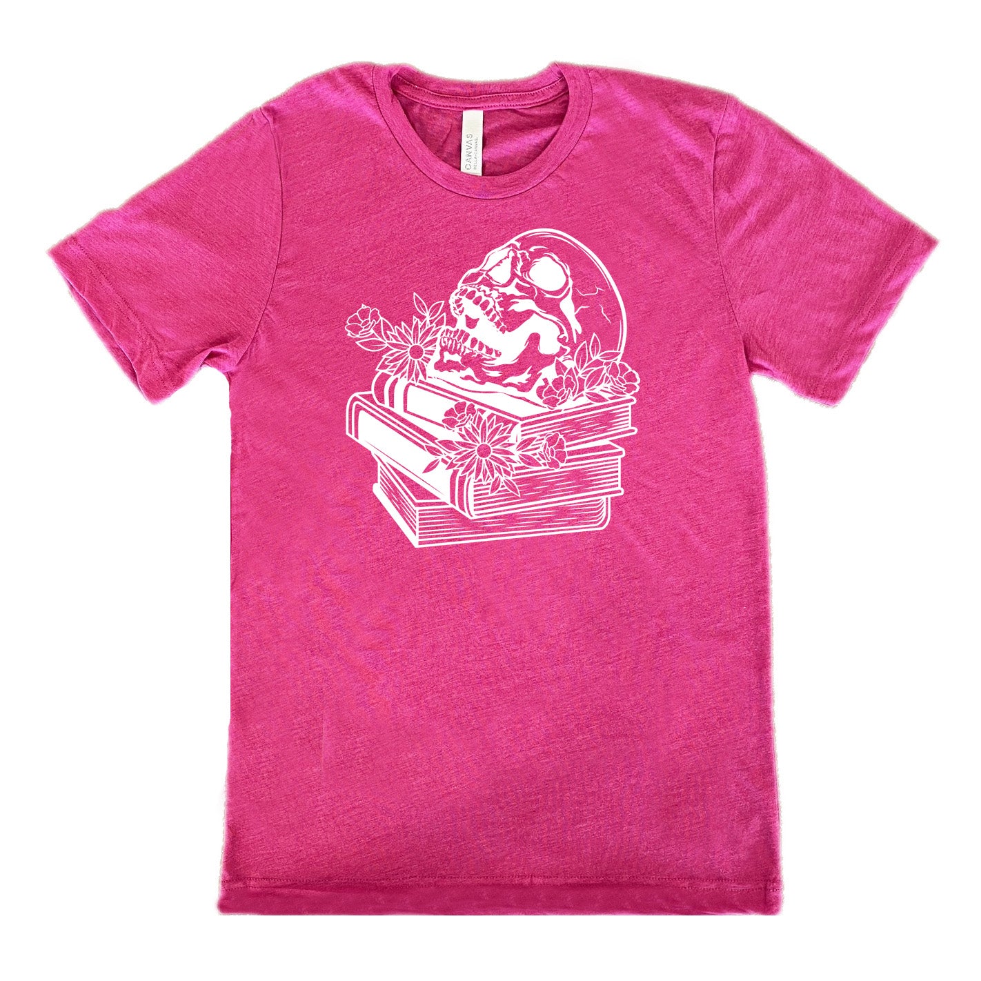 berry unisex tee with the graphic of an open-mouthed skull atop a stack of books, with flowers
