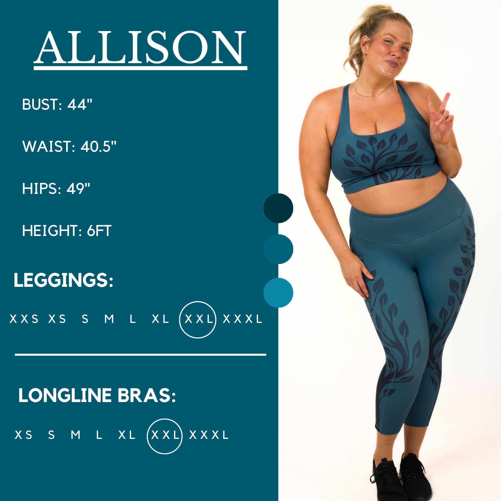 Model's measurements of 44 inch bust, 40.5 inch waist, 49 inch hips, and height of 6 foot. She is wearing a size xx-large in our leggings