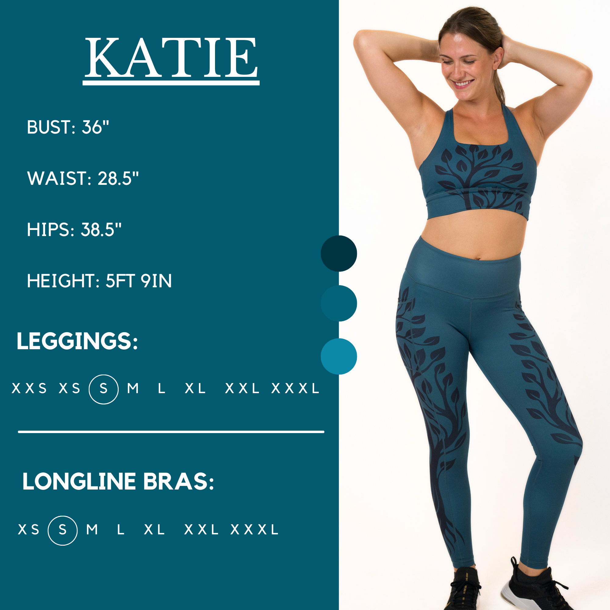 Model’s measurements of 36” bust, 28.5” waist, 38.5” hips and height of 5 ft 9 inches. She is wearing a size small in our leggings