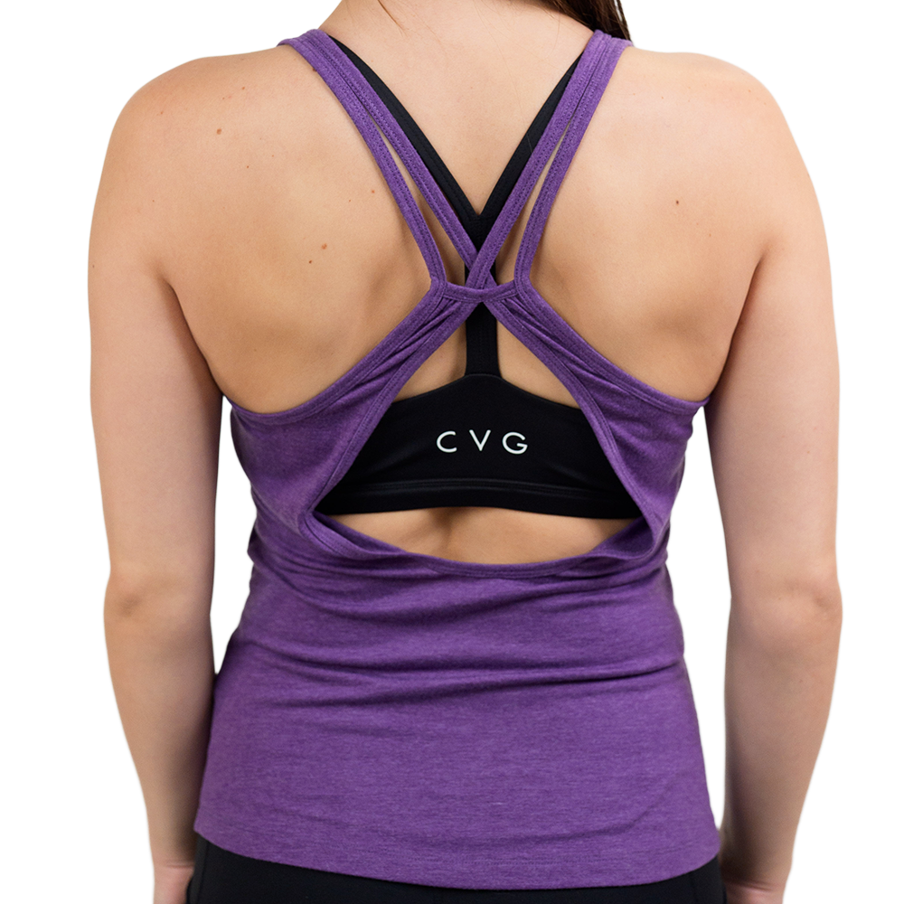 back of the purple open back tank top against a white background