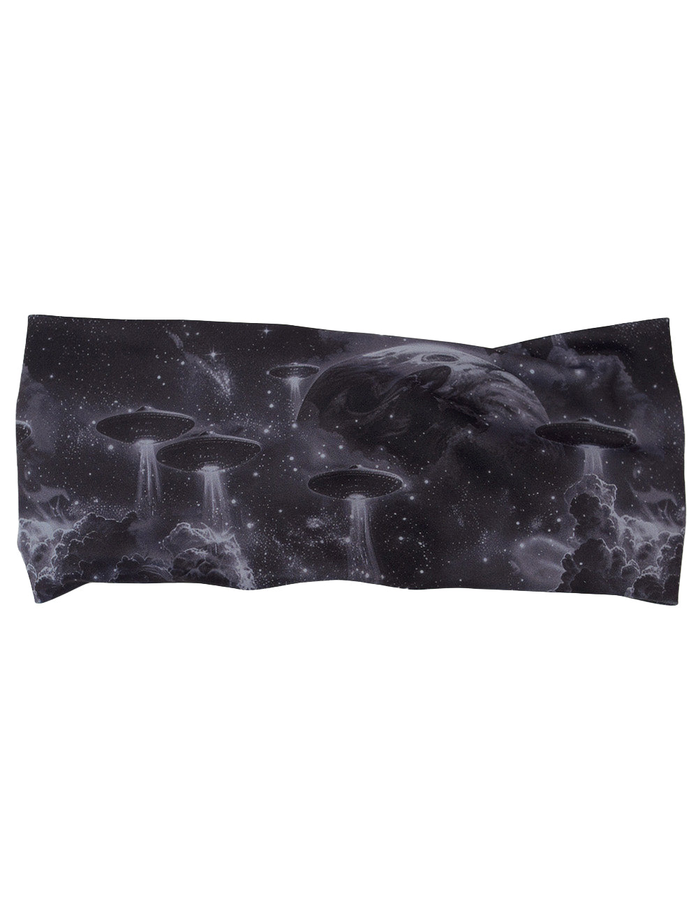 front of the alien space ship invasion headband against a white background