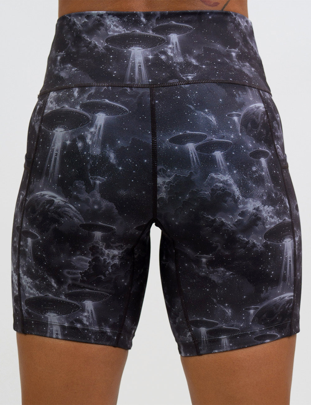back of the 7 inch alien space ship invasion shorts against a white background