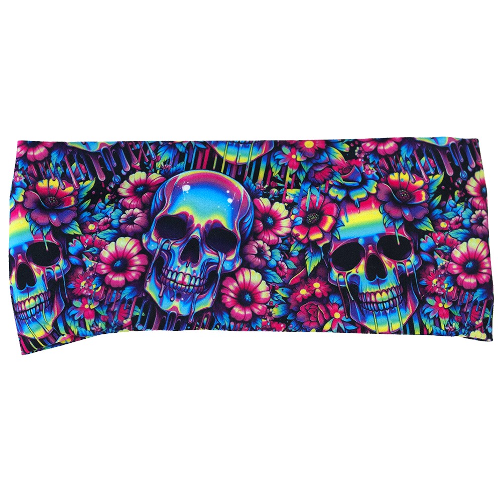 front of the neon skull print headband against a white background