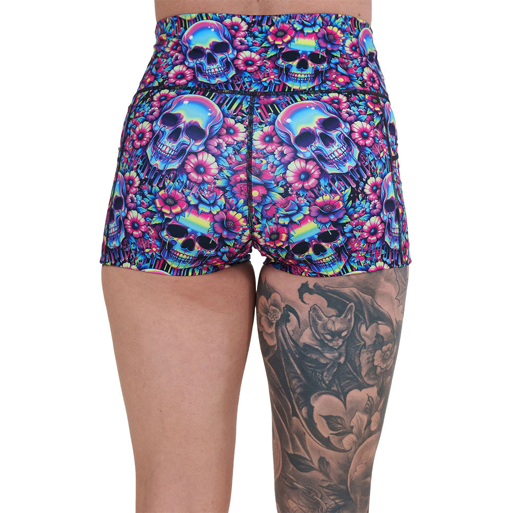 back of the 2.5 inch neon skull print shorts against a white background