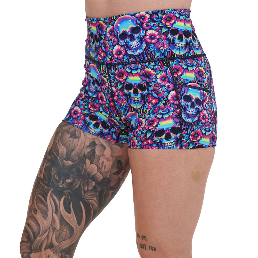 2.5 inch neon skull print shorts facing the front against a white background
