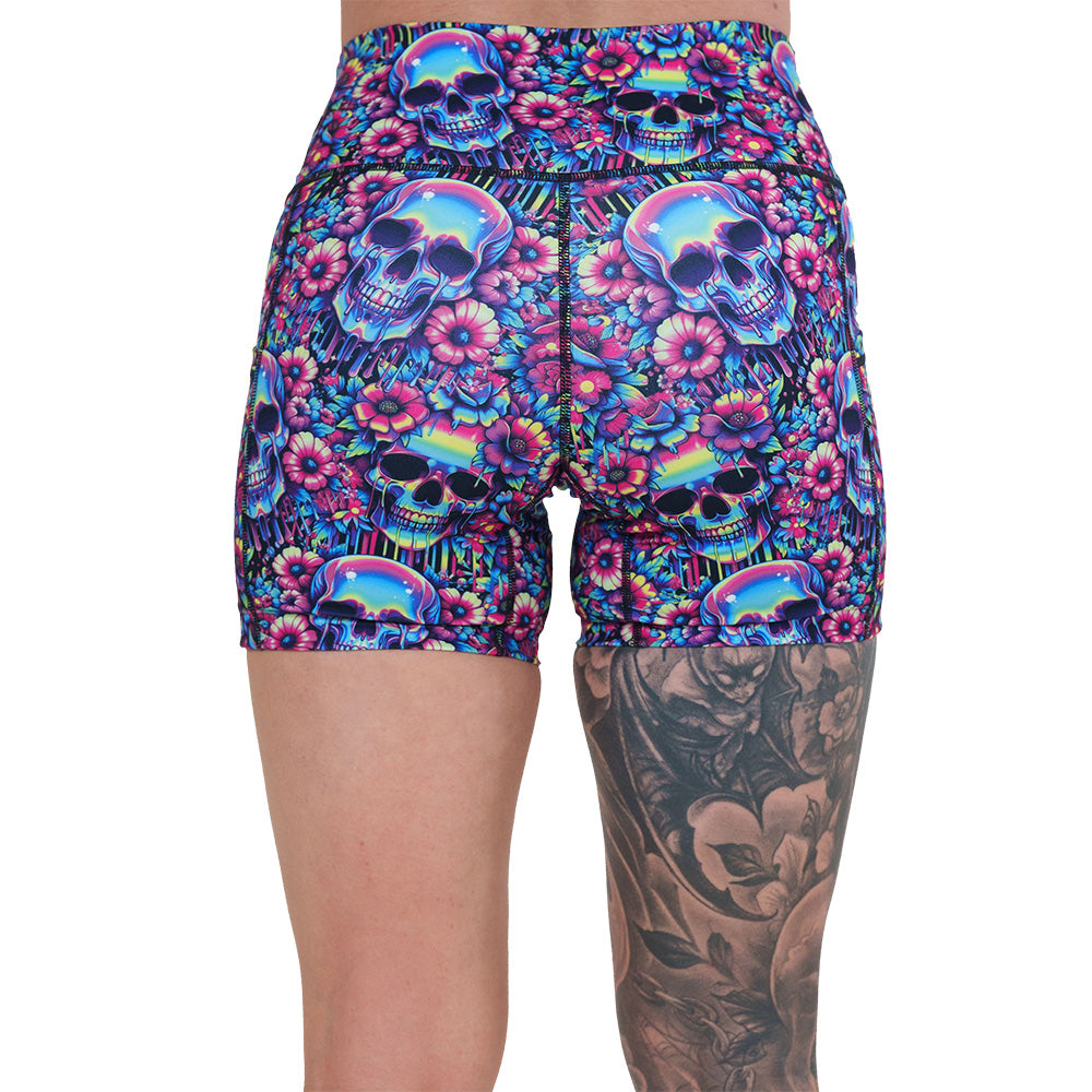 back of the neon skull print 5 inch shorts against a white background