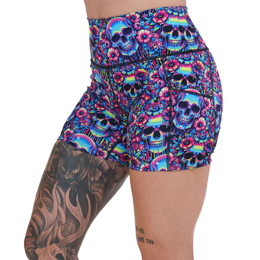 5 inch neon skull print shorts facing the side against a white background