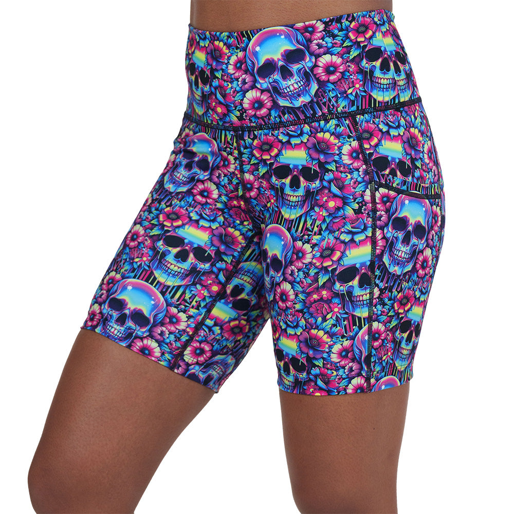 7 inch neon skull print shorts against a white background