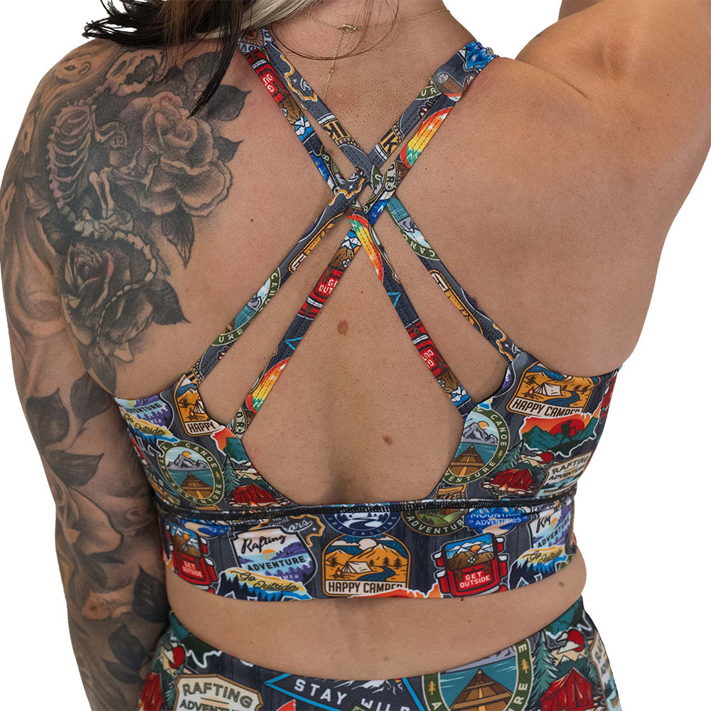back of the travel inspired sports bra