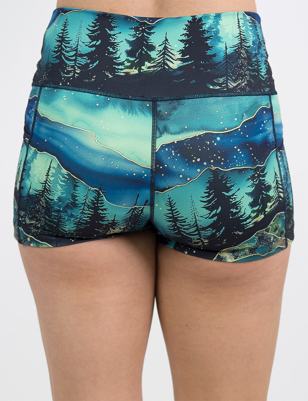 back of the 2.5 inch aurora forest shorts against a white background