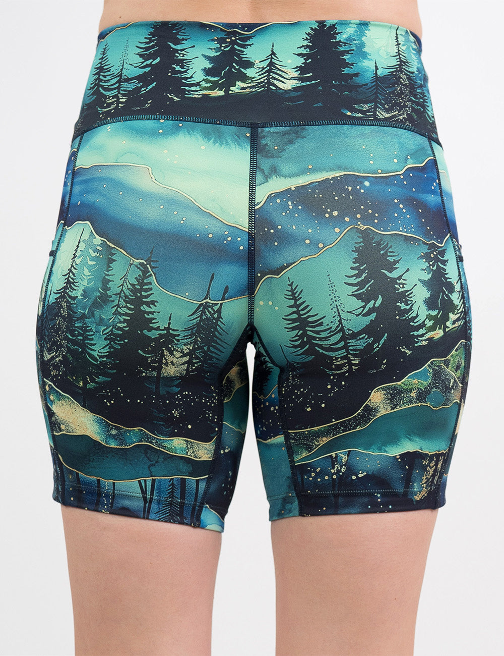 back of the 7 inch aurora forest shorts against a white background