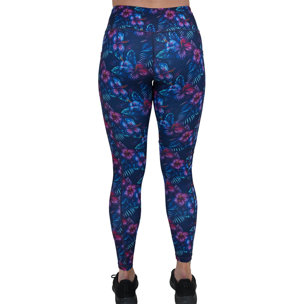 back of the blue and pink tropical flower patterned leggings