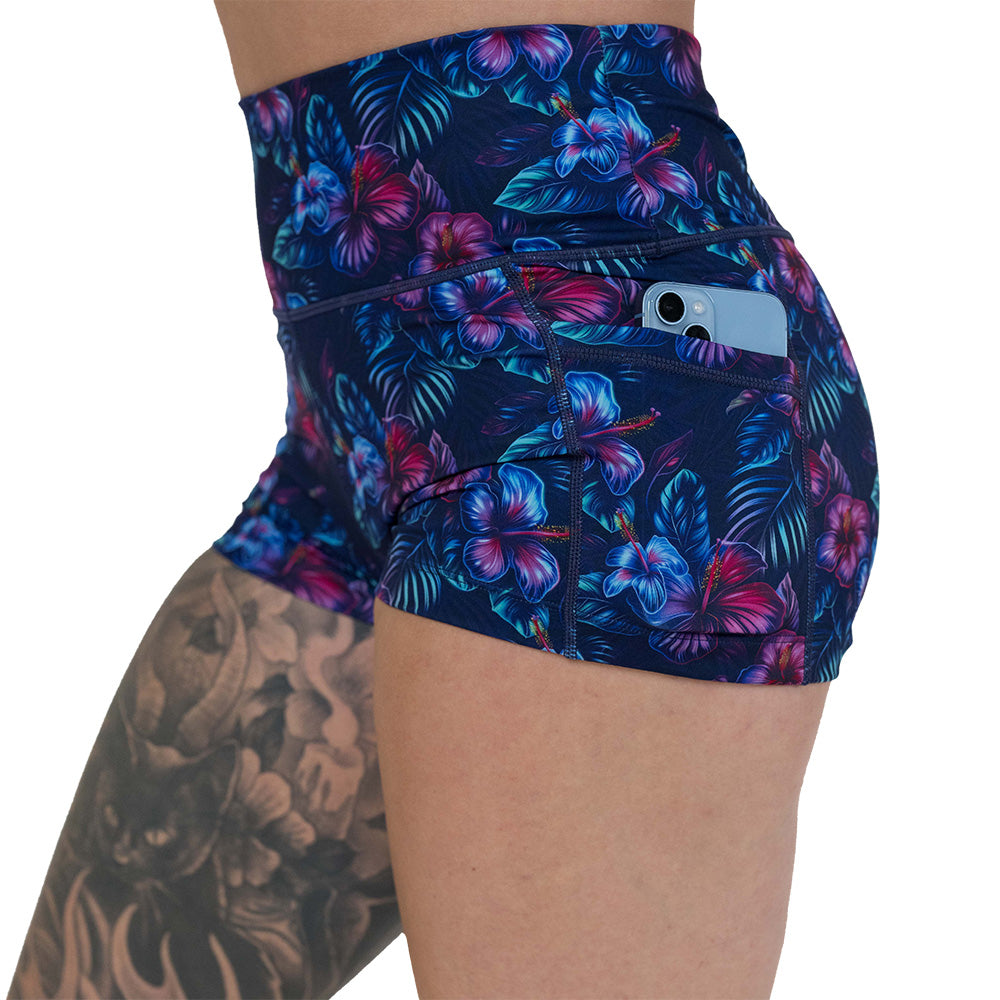 side pocket on the blue and pink tropical flower patterned shorts