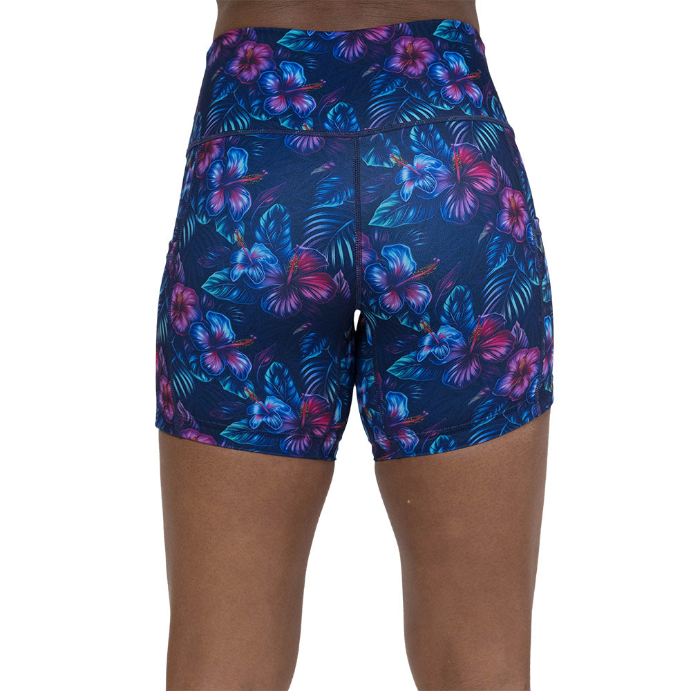 back of the blue and pink tropical flower patterned shorts