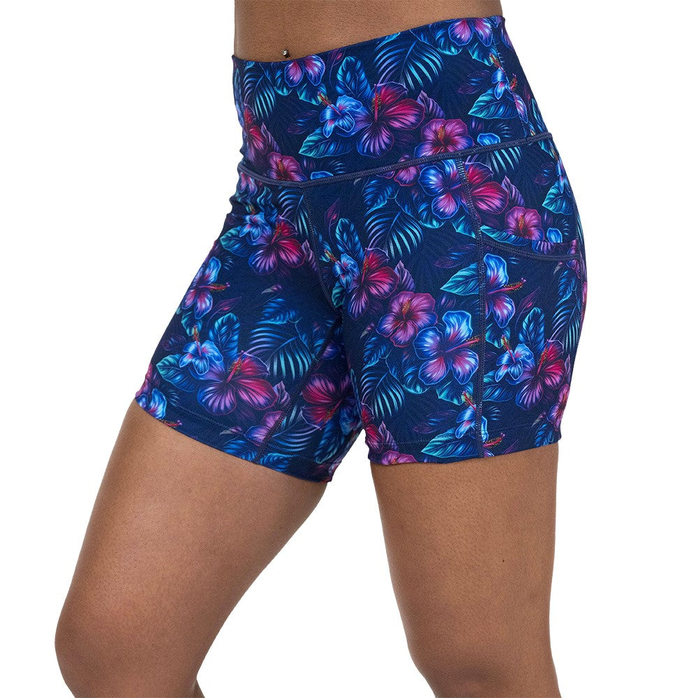 blue and pink tropical flower patterned shorts