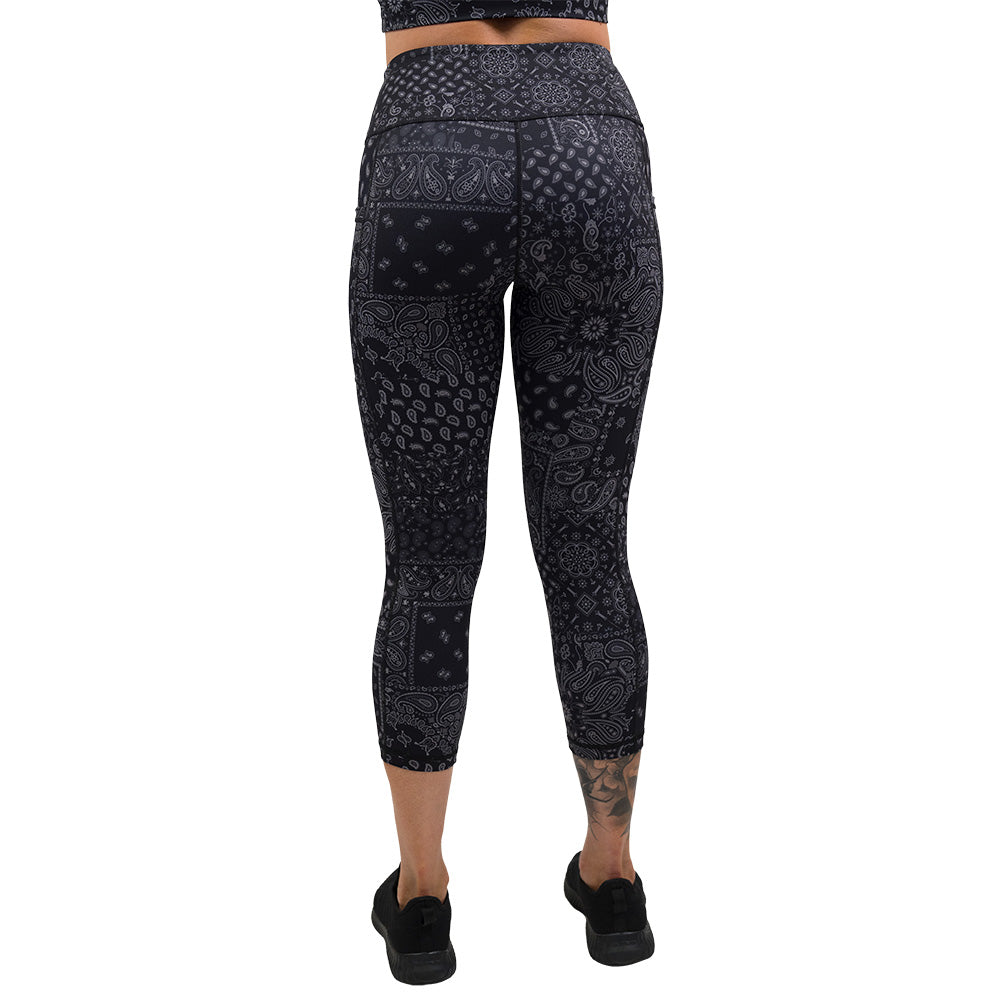 back of the black paisley patterned leggings
