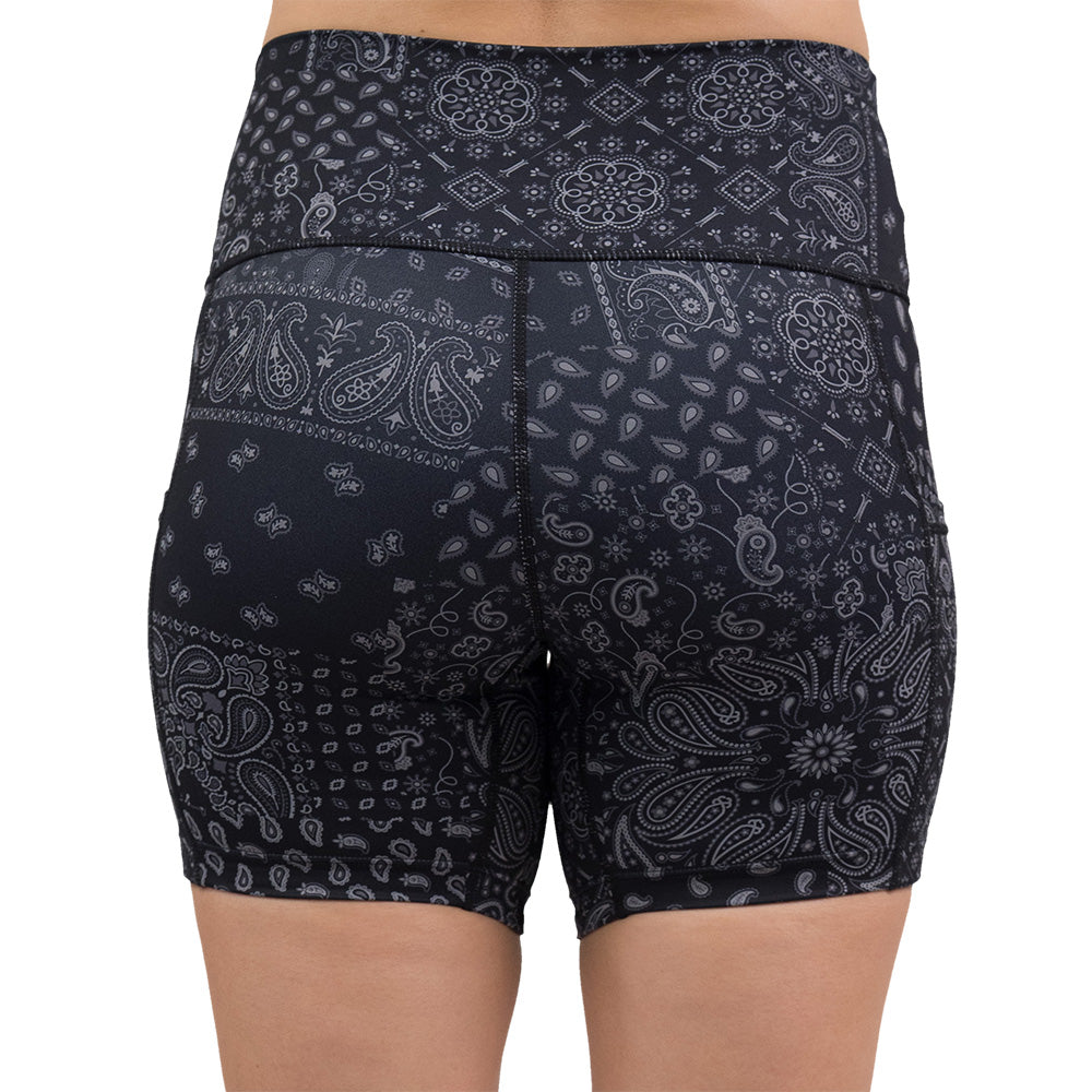 back of the black paisley patterned shorts
