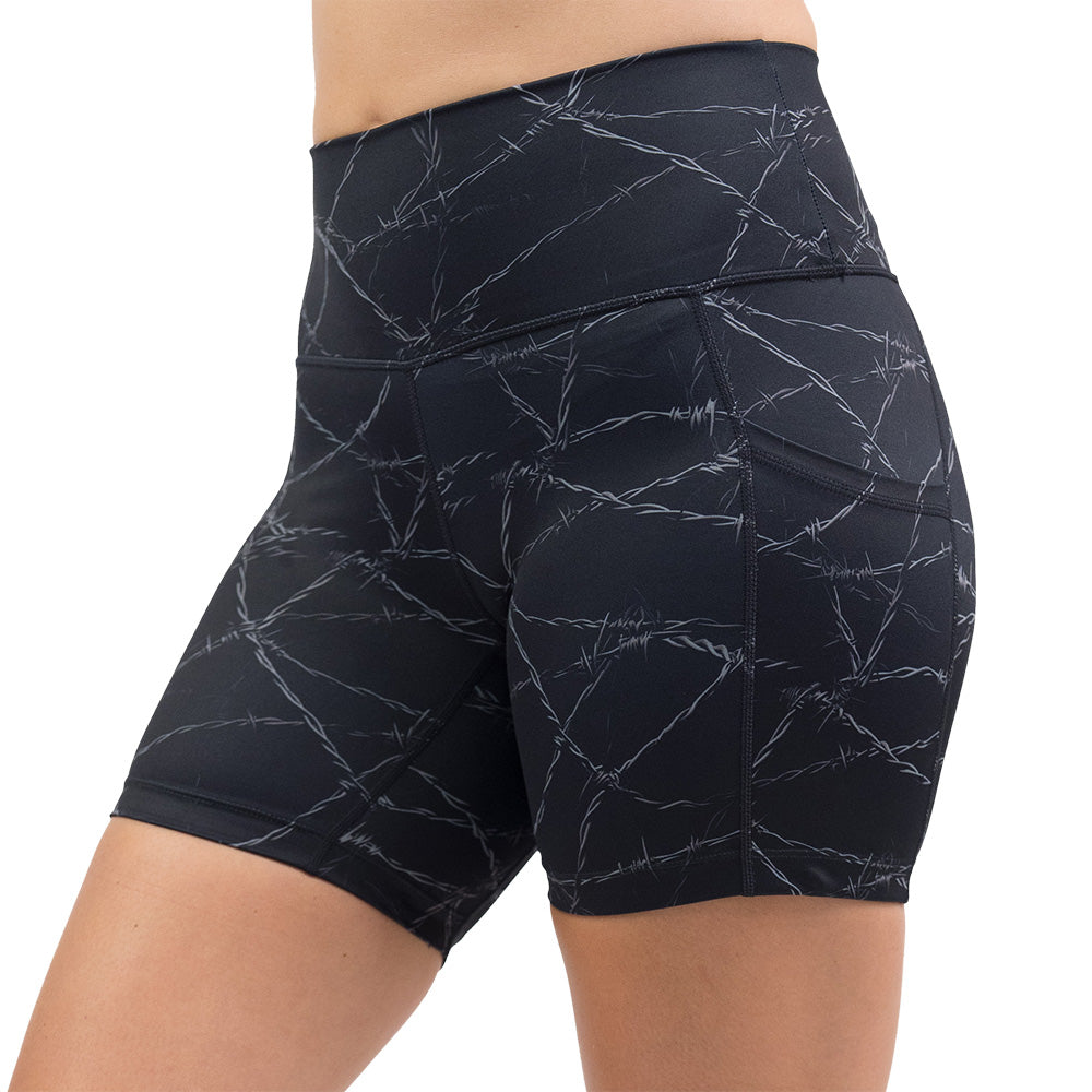 black shorts with a white barbed wire pattern on it