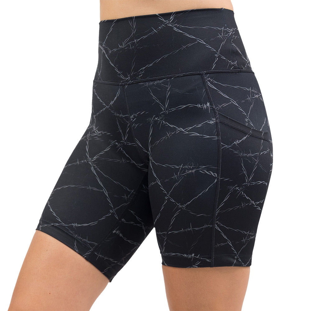 black shorts with a white barbed wire pattern on it