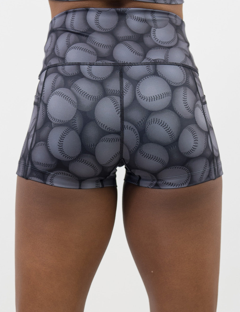 back of the dark grey baseball patterned 2.5 inch shorts against a white background