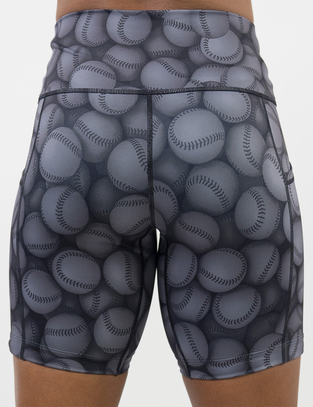 back of the dark grey baseball patterned 7 inch shorts against a white background