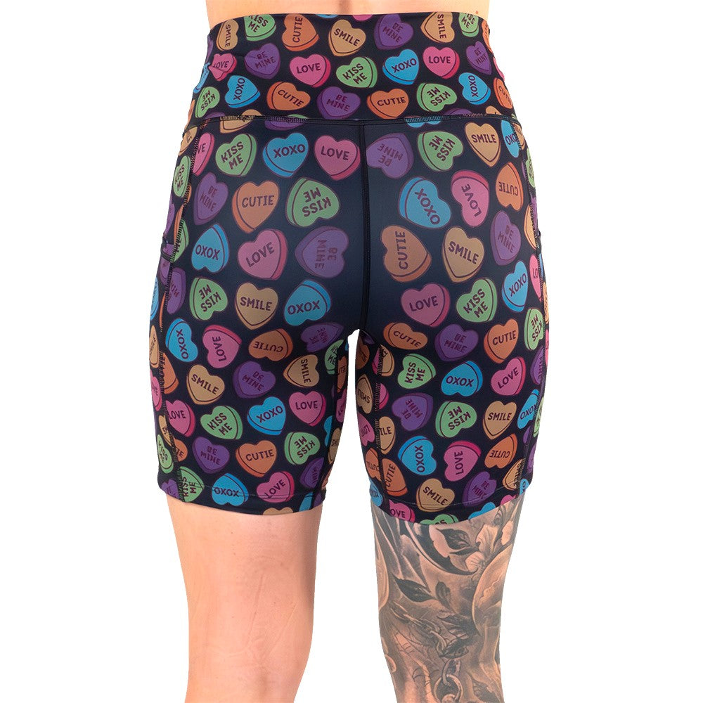 back of the 7 inch valentine heart candy print shorts