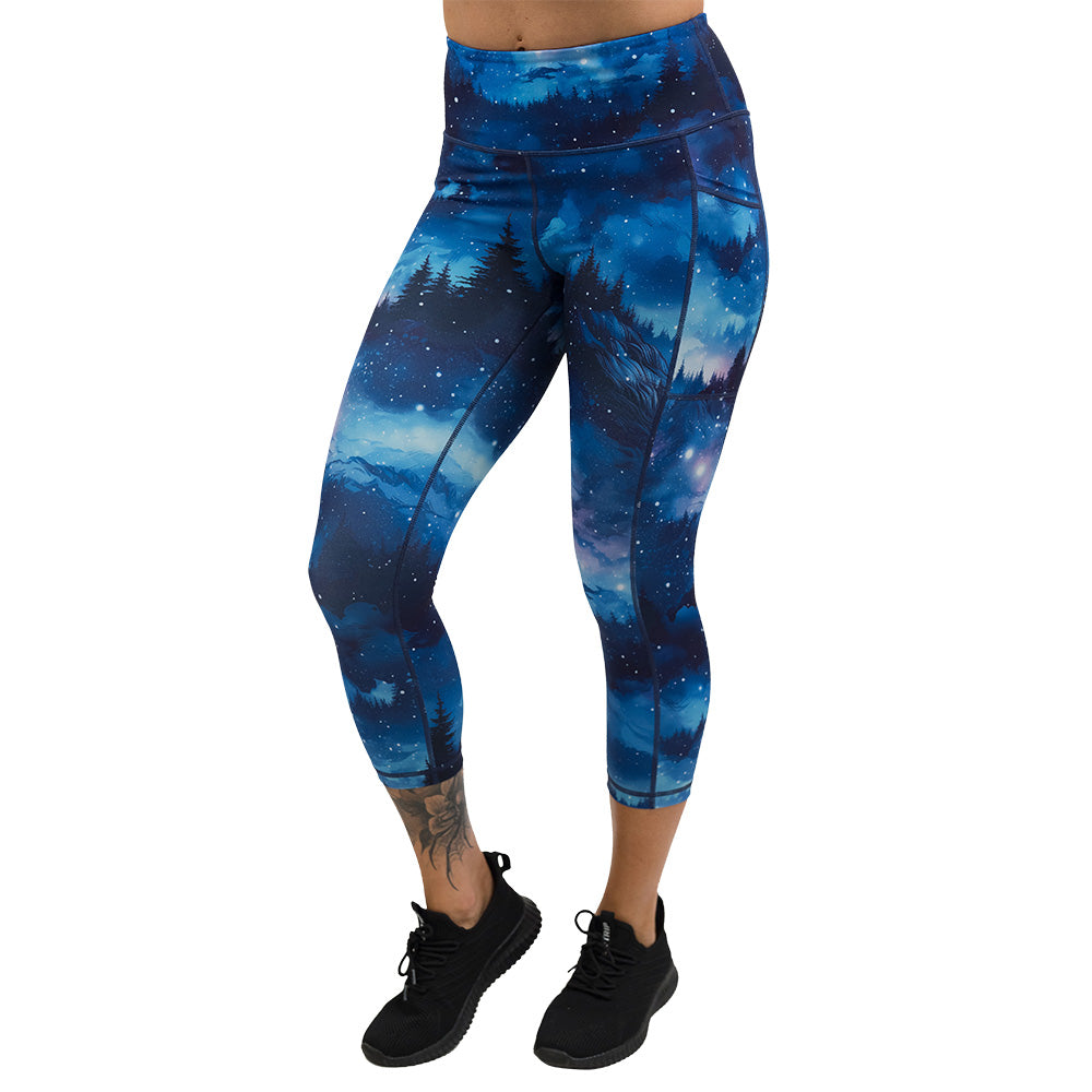 blue sky and forest patterned leggings