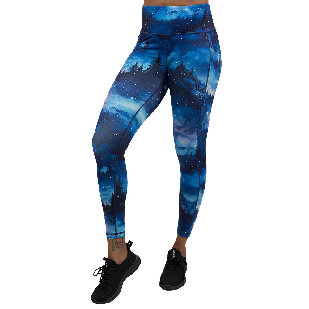 blue sky and forest patterned leggings