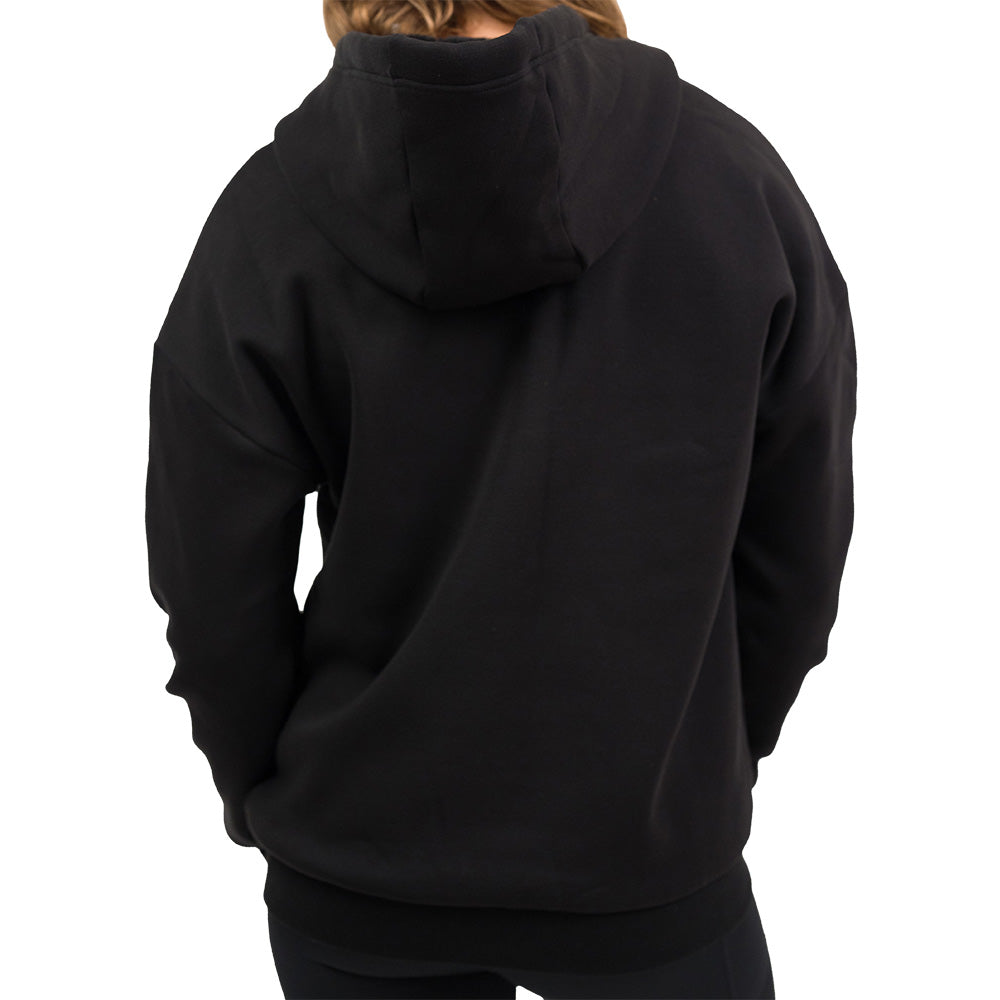 back of the Black hoodie worn by a person on a white background