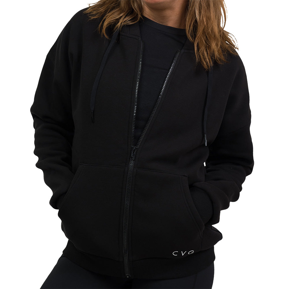 Black hoodie with the CVG brand logo on a white background