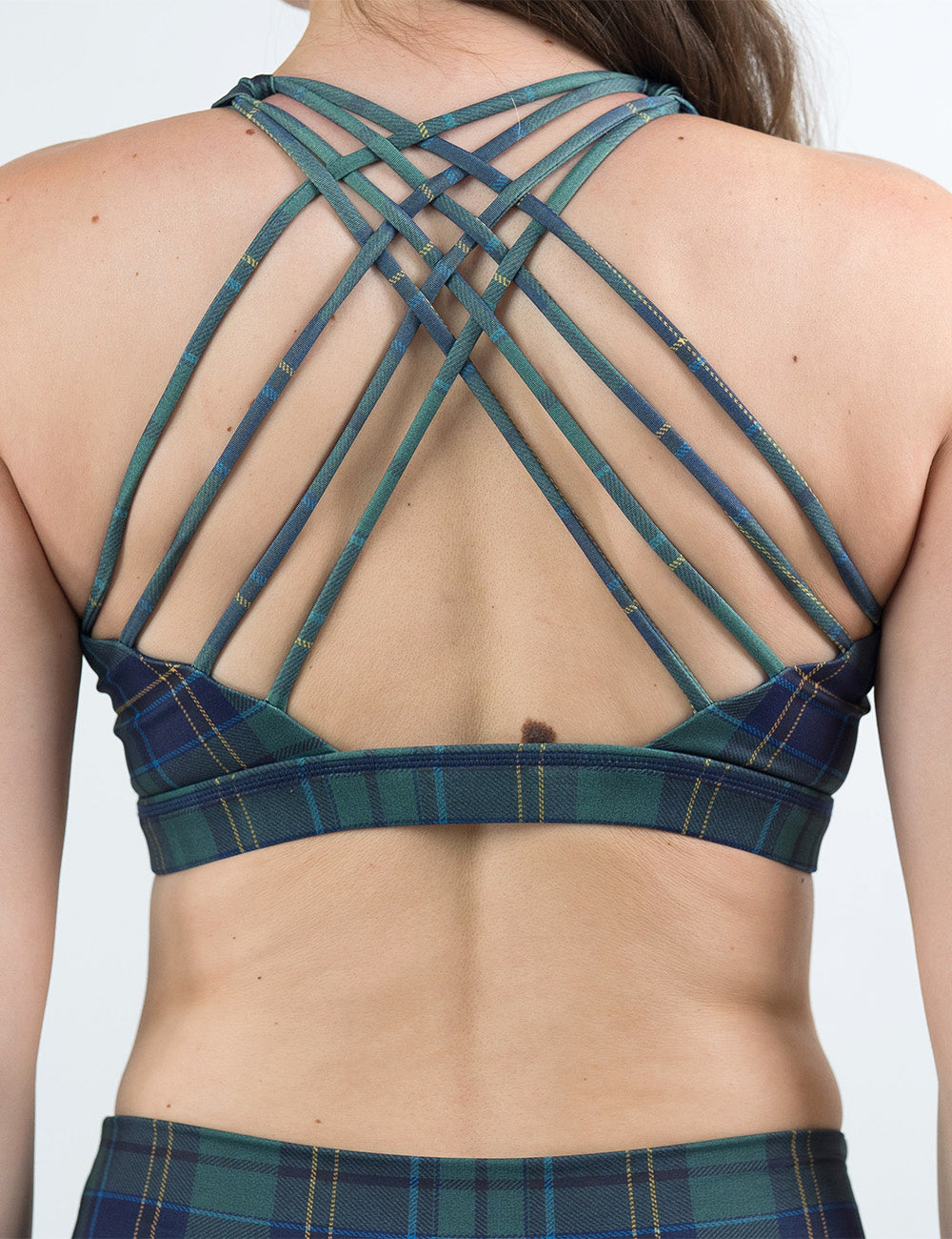 back of the blue, green, and yellow plaid bra against a white background