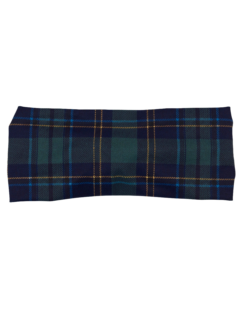 front of the blue, green, and gold plaid headband