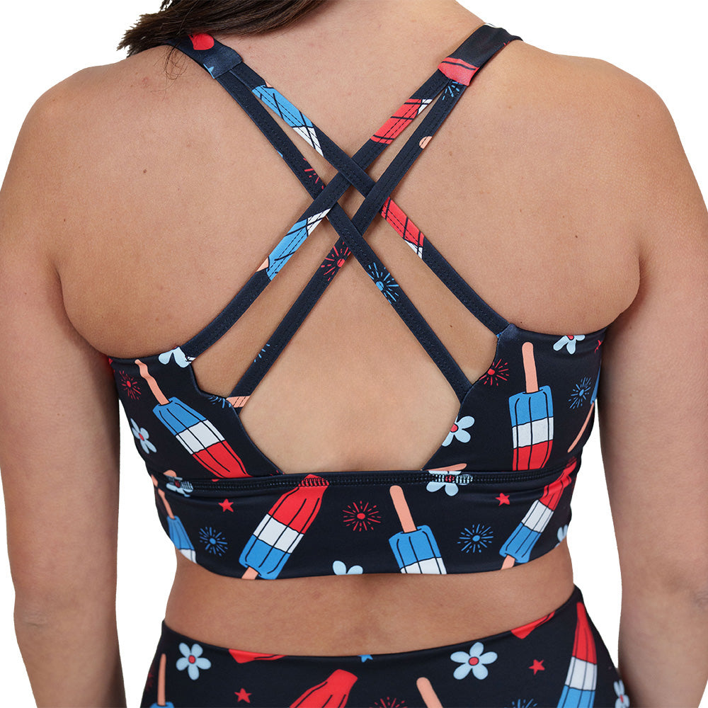 back of the red, white and blue popsicle print bra
