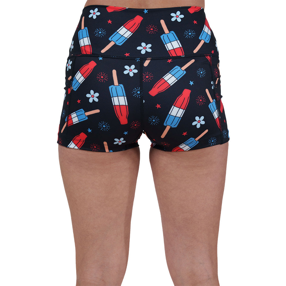 back of the red, white and blue popsicle print shorts