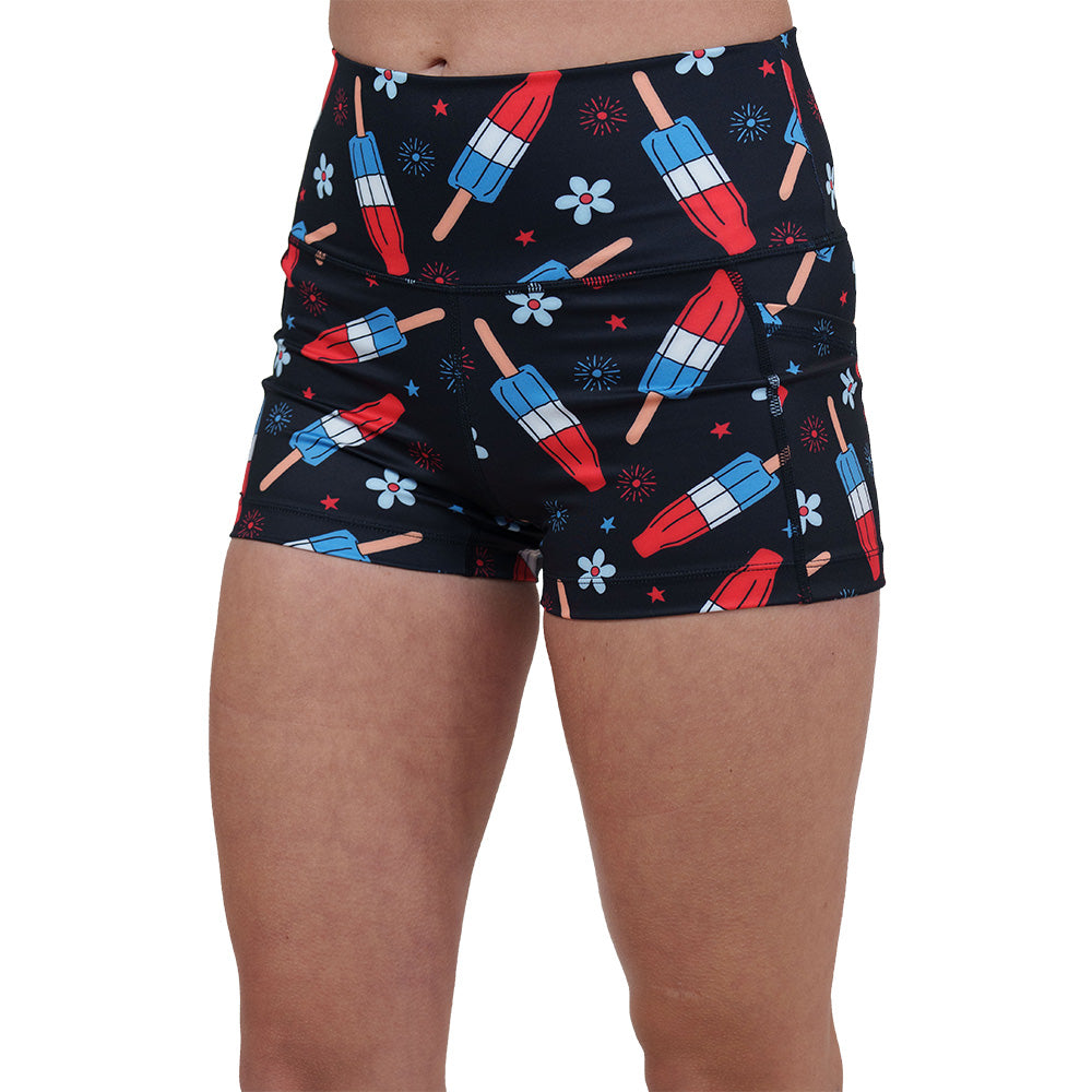 red, white and blue popsicle print shorts