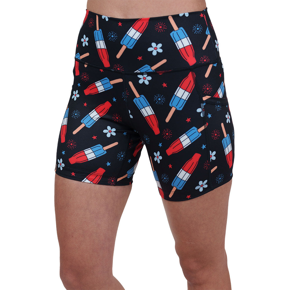 red, white and blue popsicle print shorts