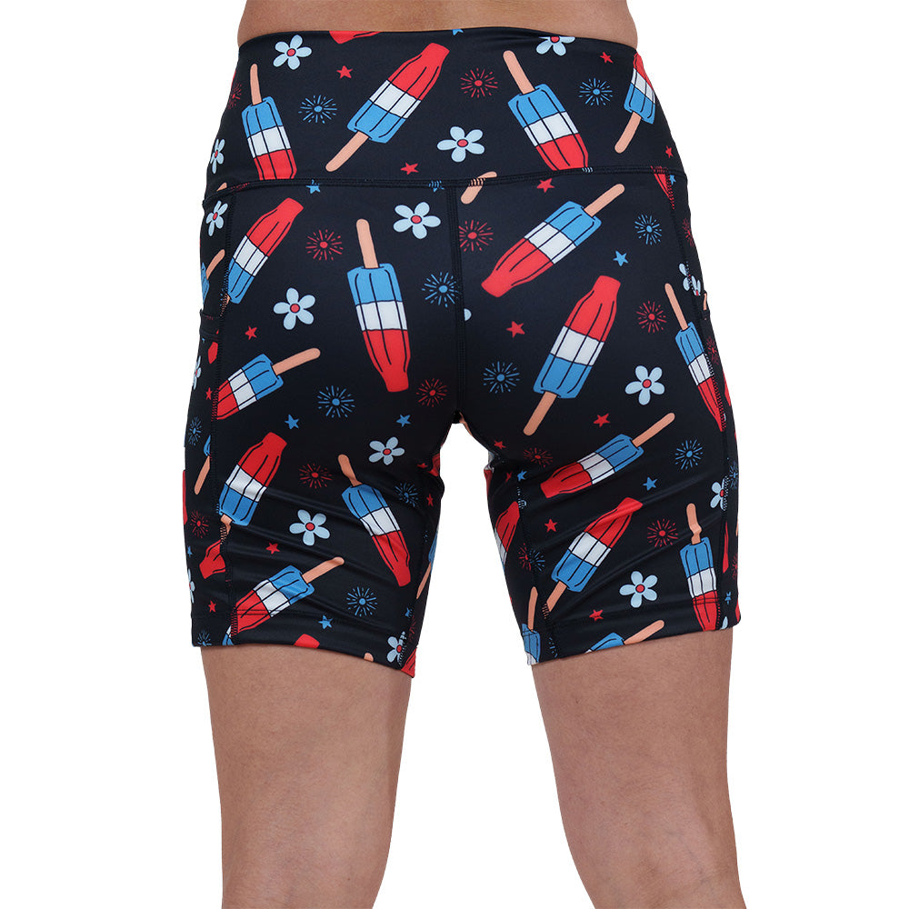 back of the red, white and blue popsicle print shorts